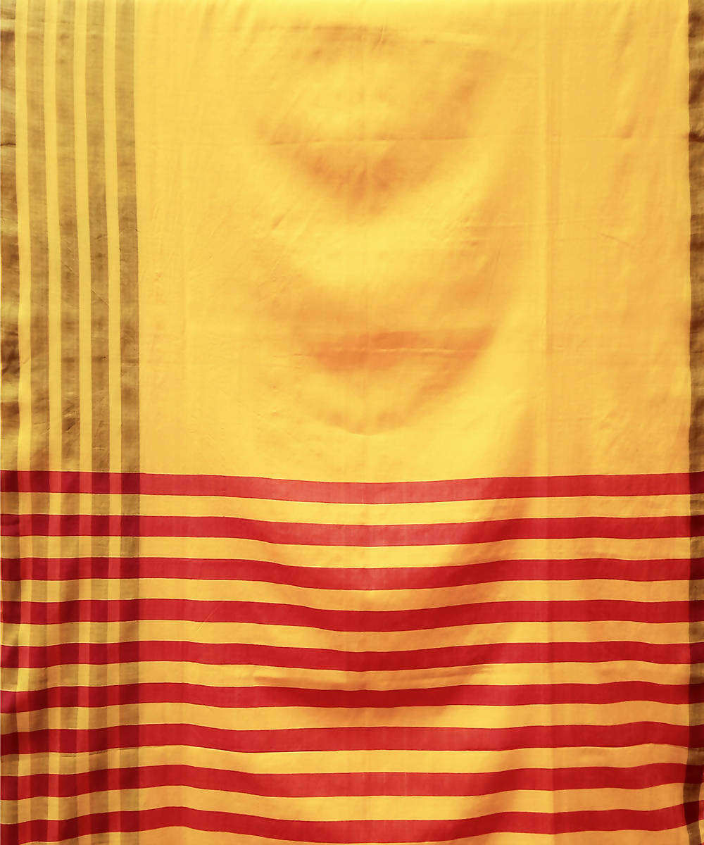 Yellow red hand woven extra weft cotton silk saree