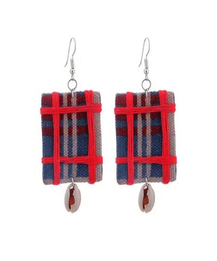 Indigo red checkered uneven rectangular earrings
