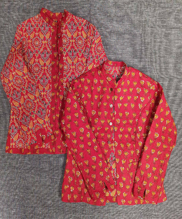 Red block printed reversible jacket with cotton quilting