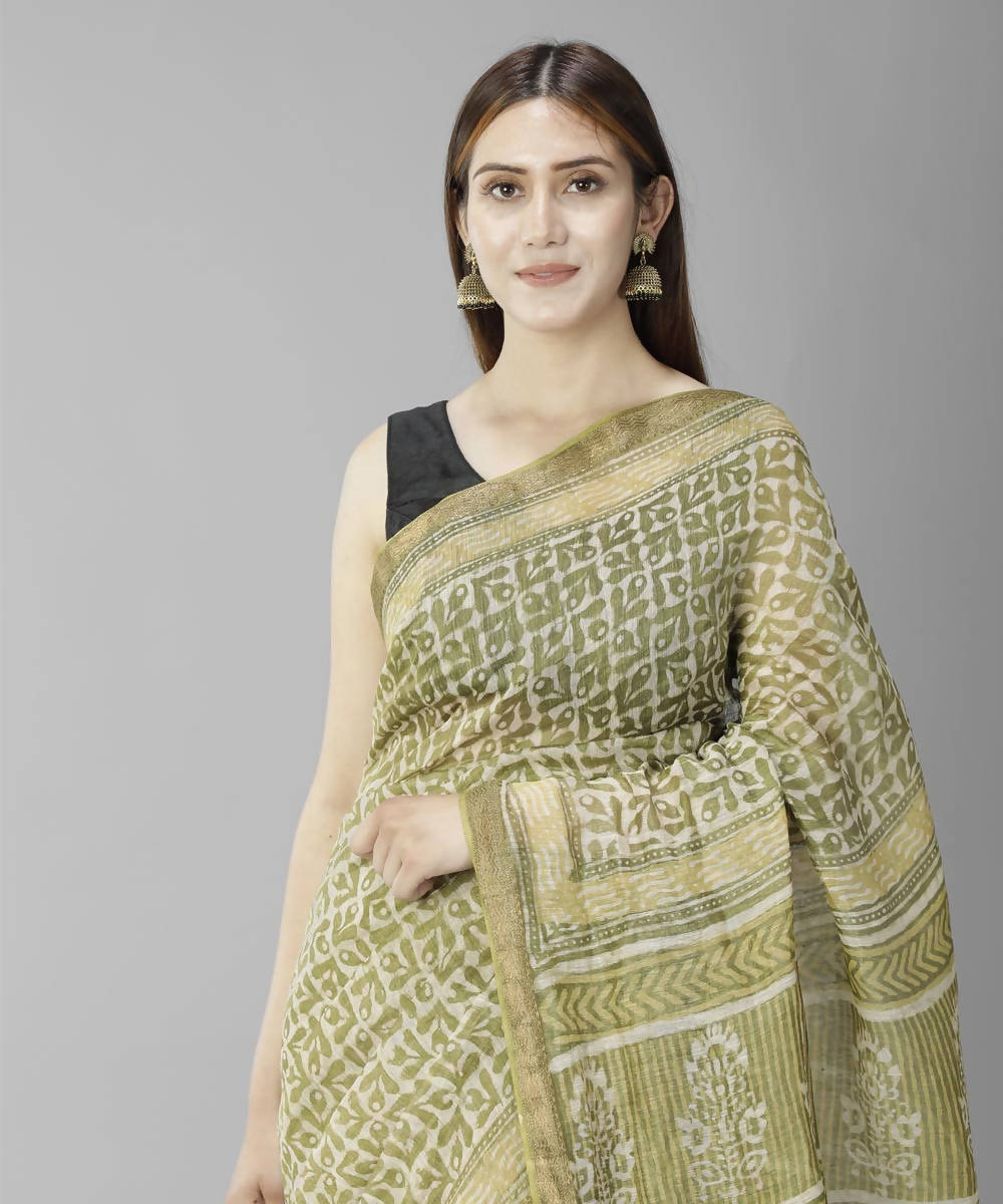 Olive green bagru handblock printed linen saree