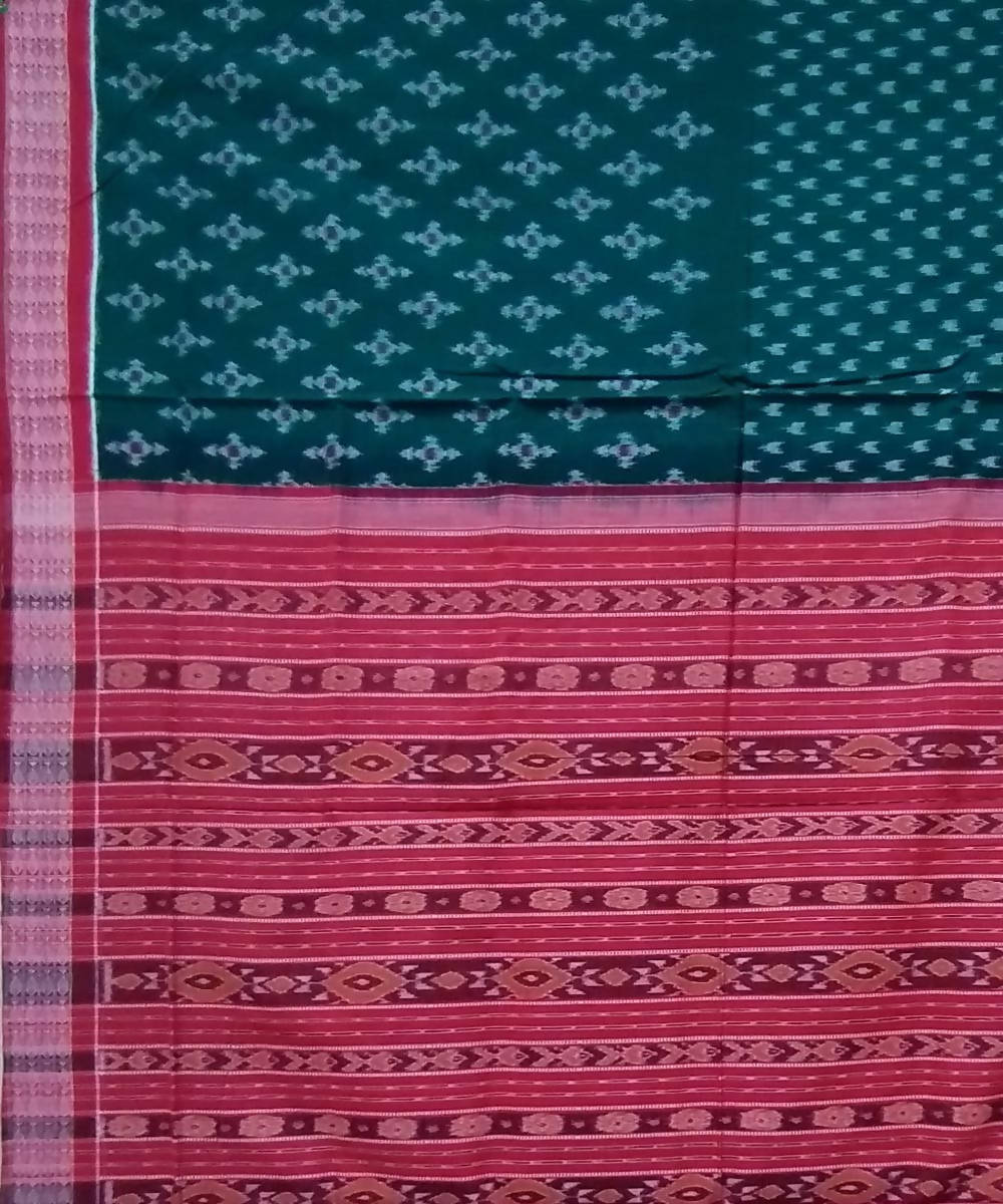 Dark green red handwoven cotton sambalpuri saree