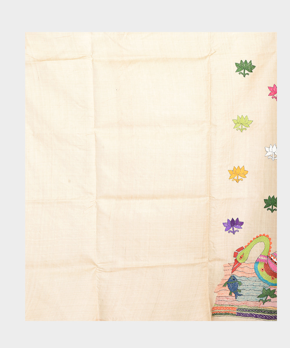 Beige with multicolor hand embroidery kantha stitch tussar silk saree