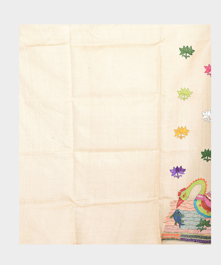 Beige with multicolor hand embroidery kantha stitch tussar silk saree