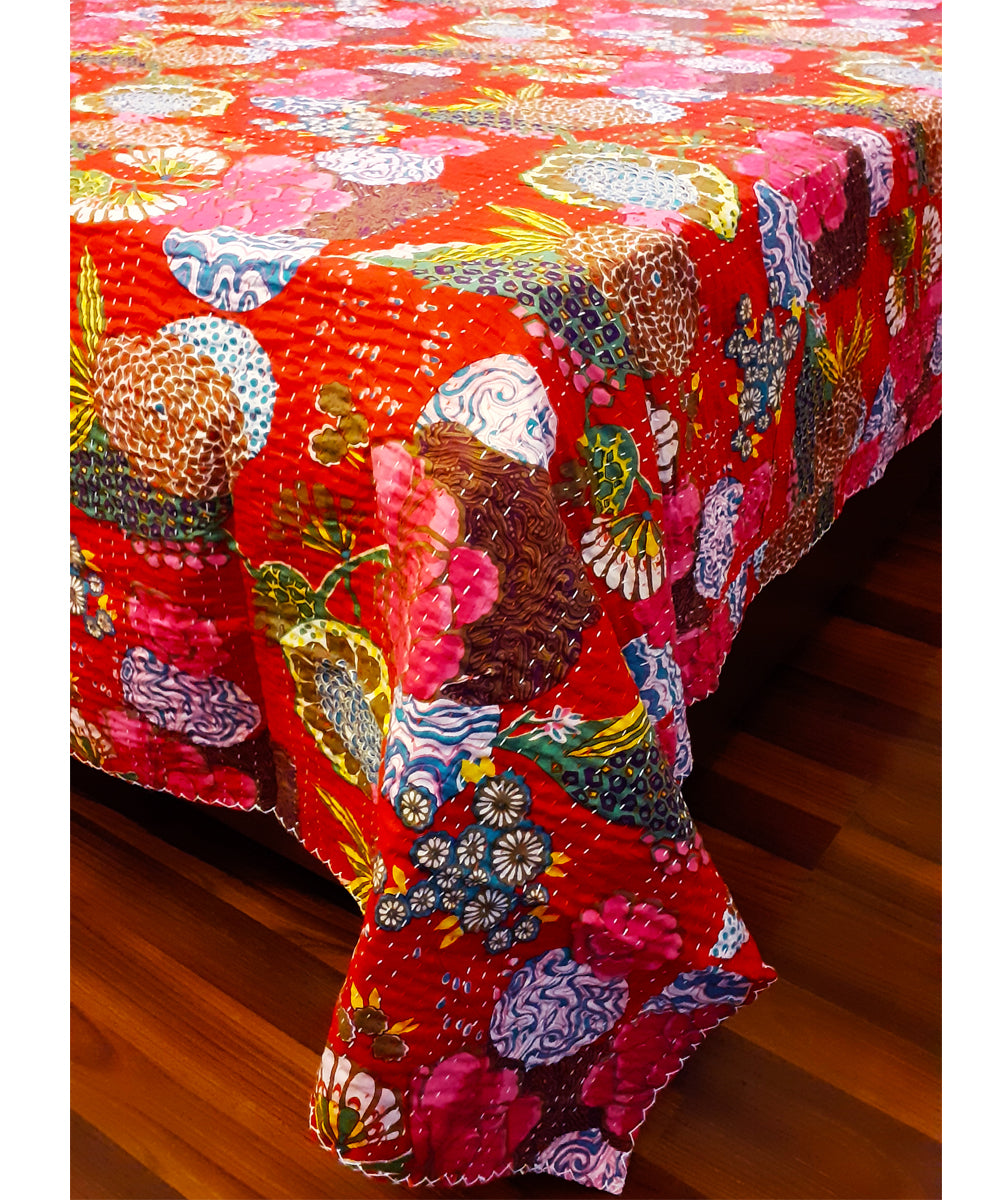 Magenta kantha work double layered cotton double bedcover/quilt