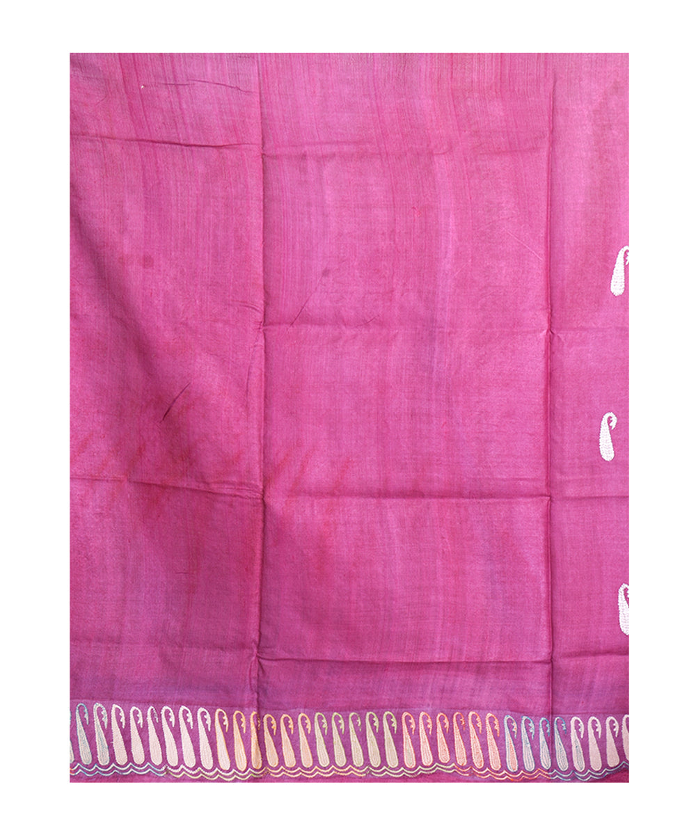 Purple hand embroidery kantha stitch tussar silk saree