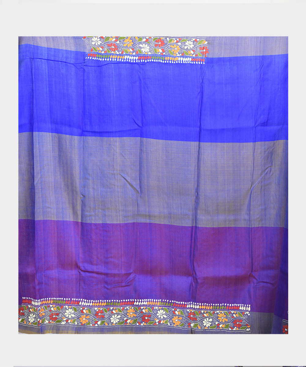 Navy blue hand embroidery kantha stitch silk saree