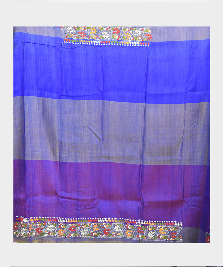 Navy blue hand embroidery kantha stitch silk saree