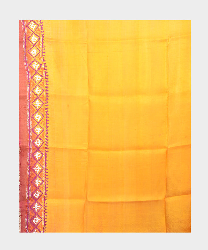 Mustard and purple hand embroidery kantha stitch silk saree