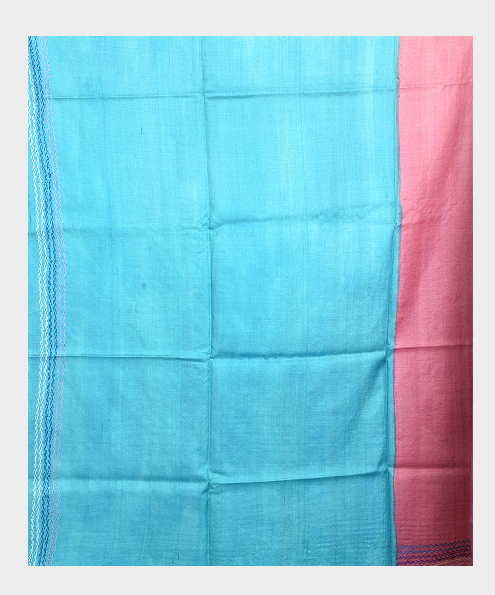 Light green pink hand embroidery kantha stitch tussar silk saree