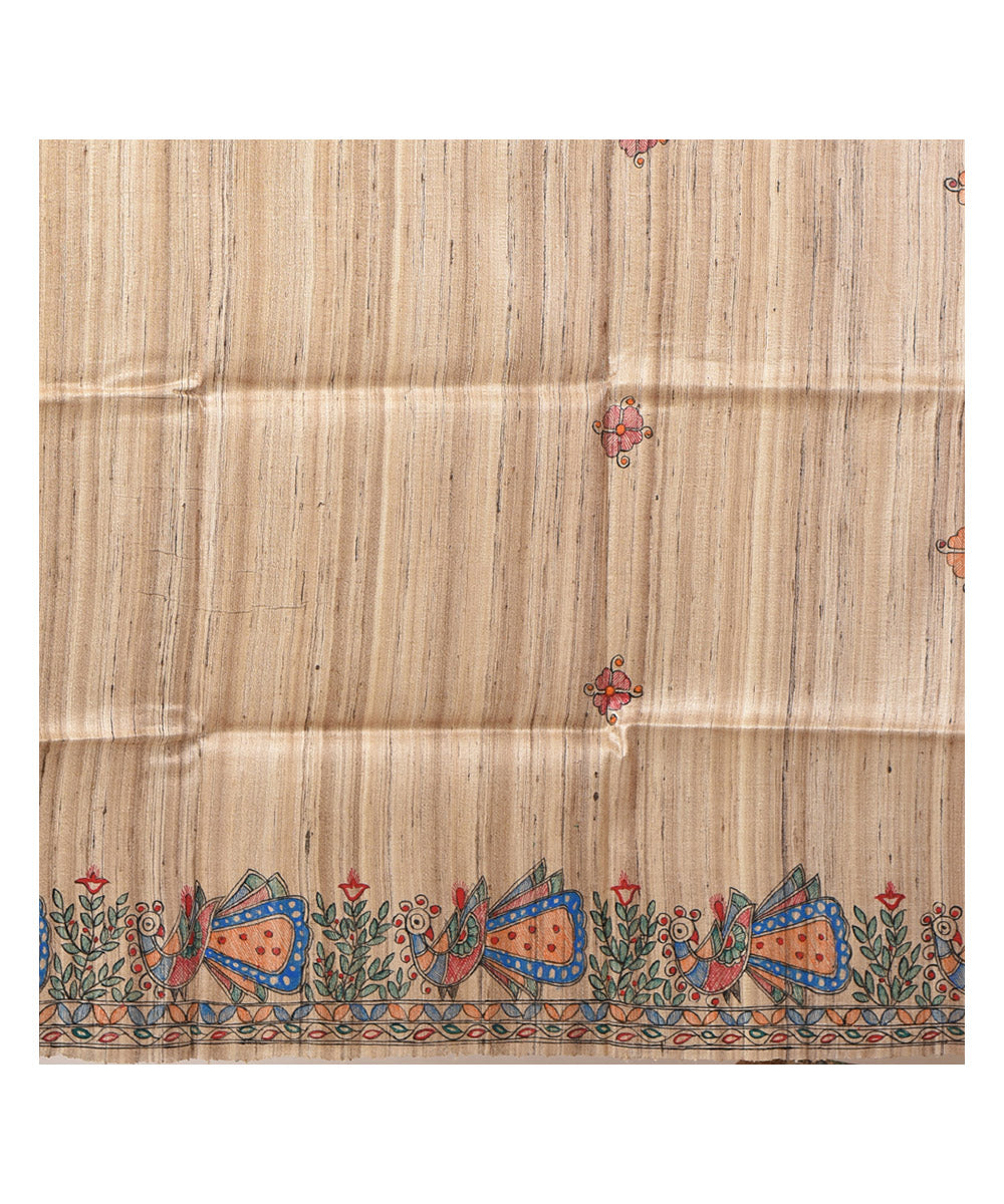 Beige multicolor tussar silk hand painted madhubani saree