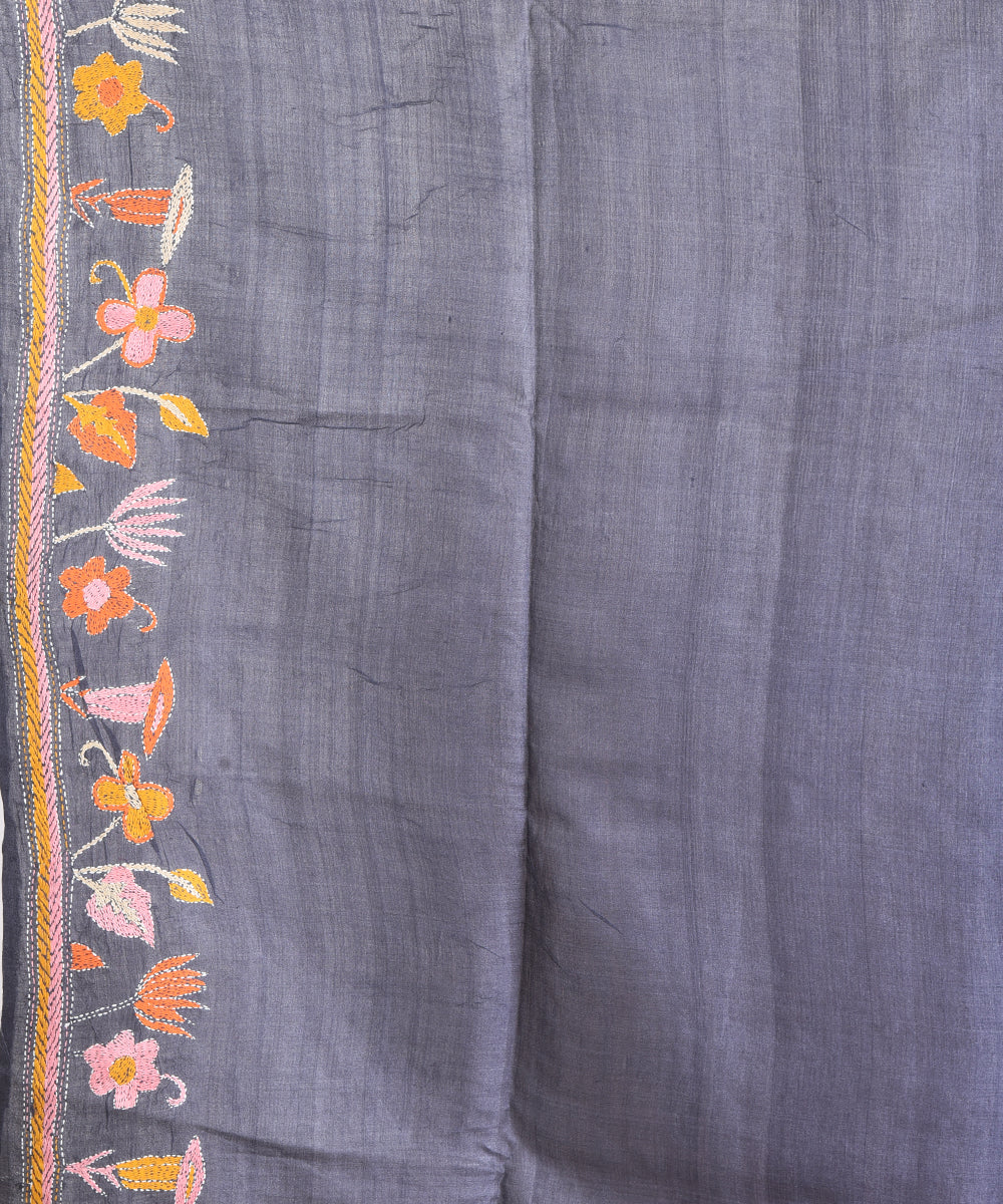Mustard red tussar silk hand embroidery saree