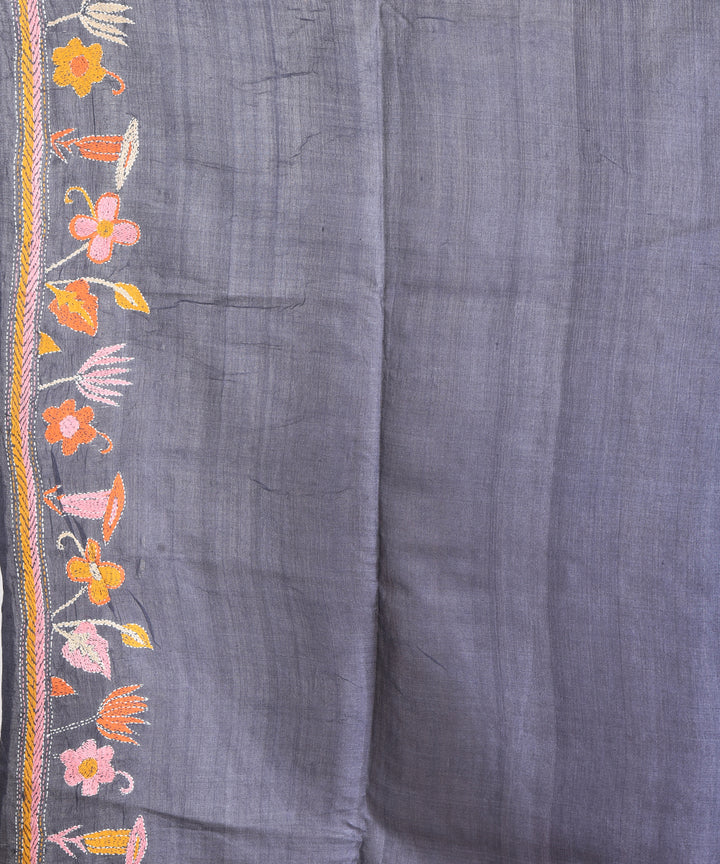 Mustard red tussar silk hand embroidery saree