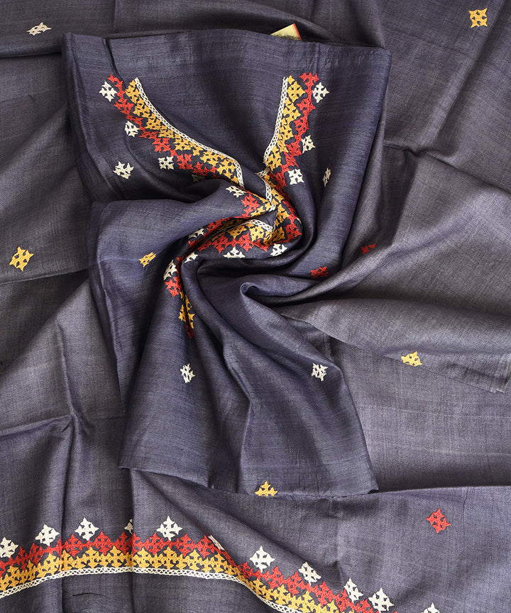 2pc Grey blue hand embroidery tussar silk dress material