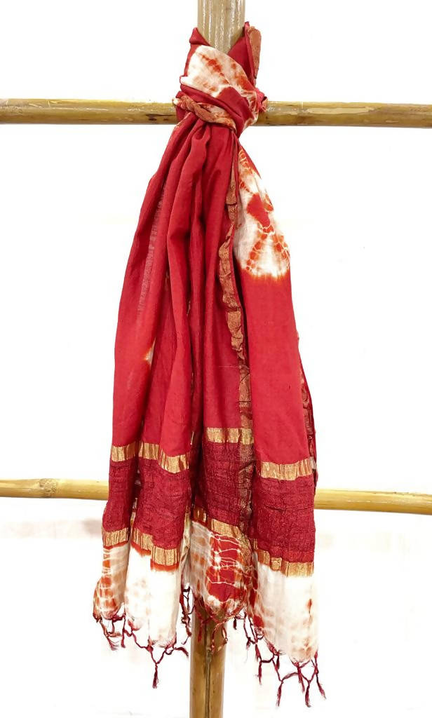 White and red tussar silk handwoven tie and dye stole