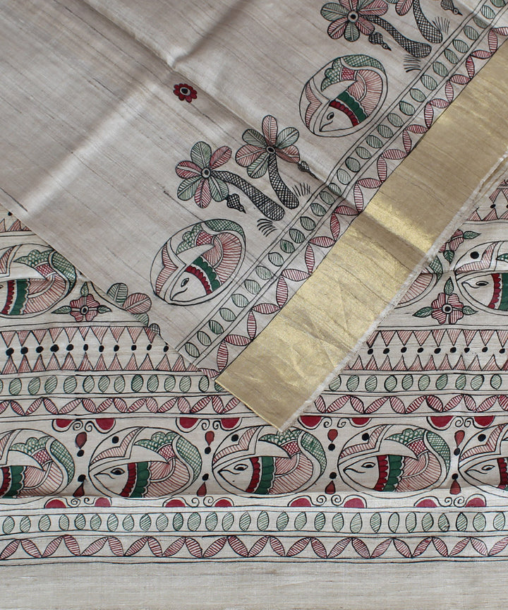 Beige multicolour hand painted madhubani kosa tussar silk saree