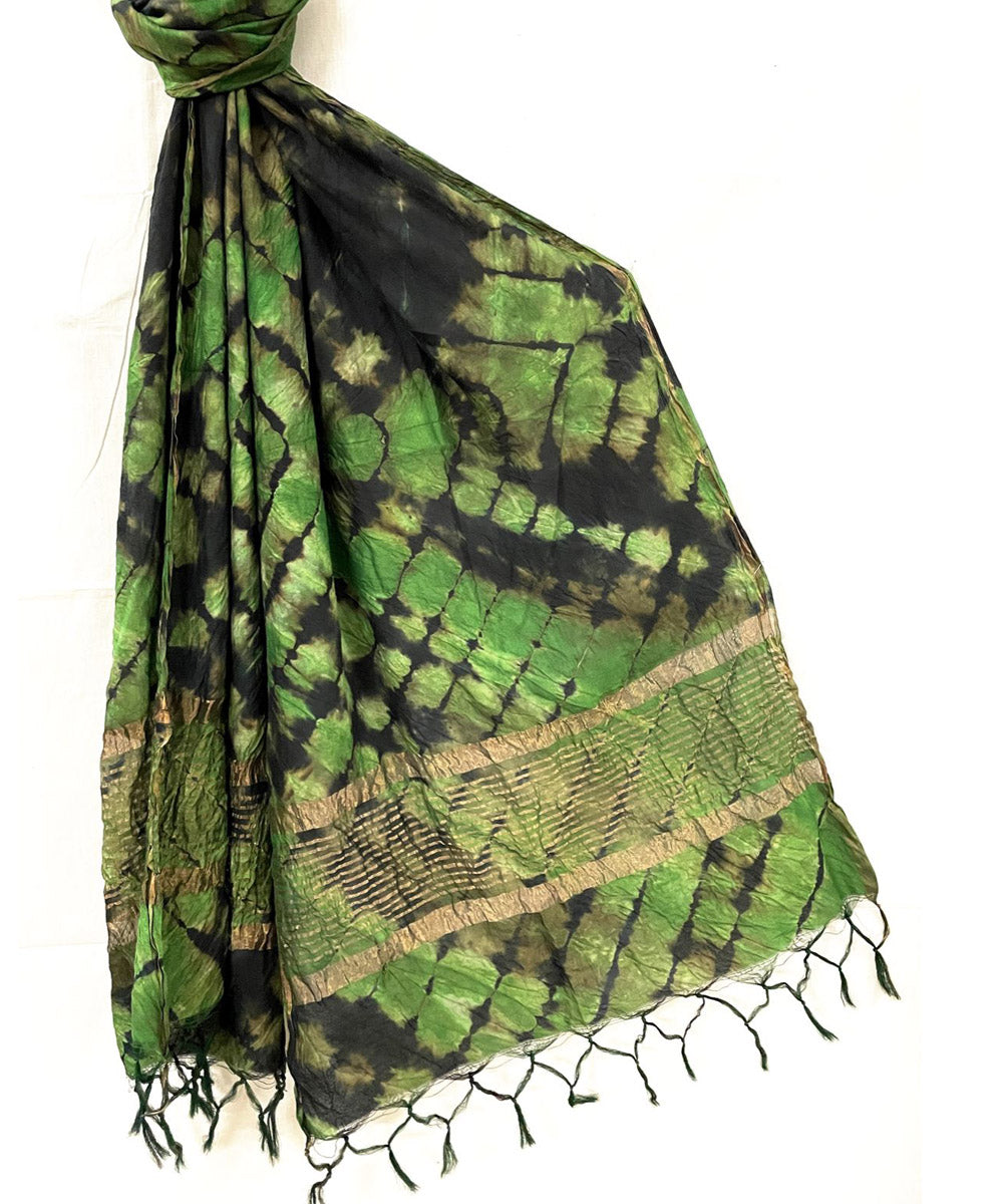 Light green black handwoven tie dye tussar silk stole