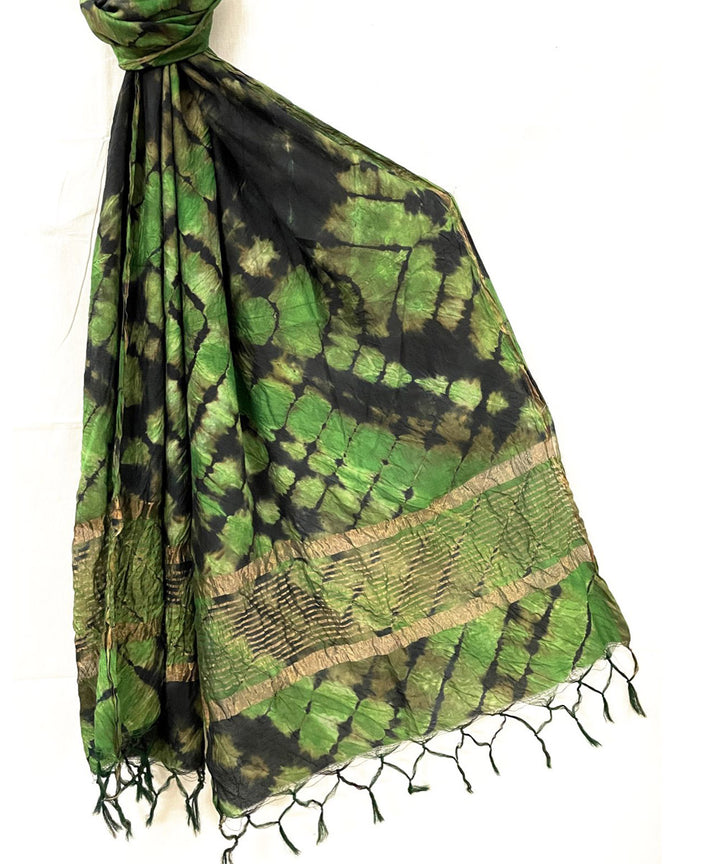 Light green black handwoven tie dye tussar silk stole