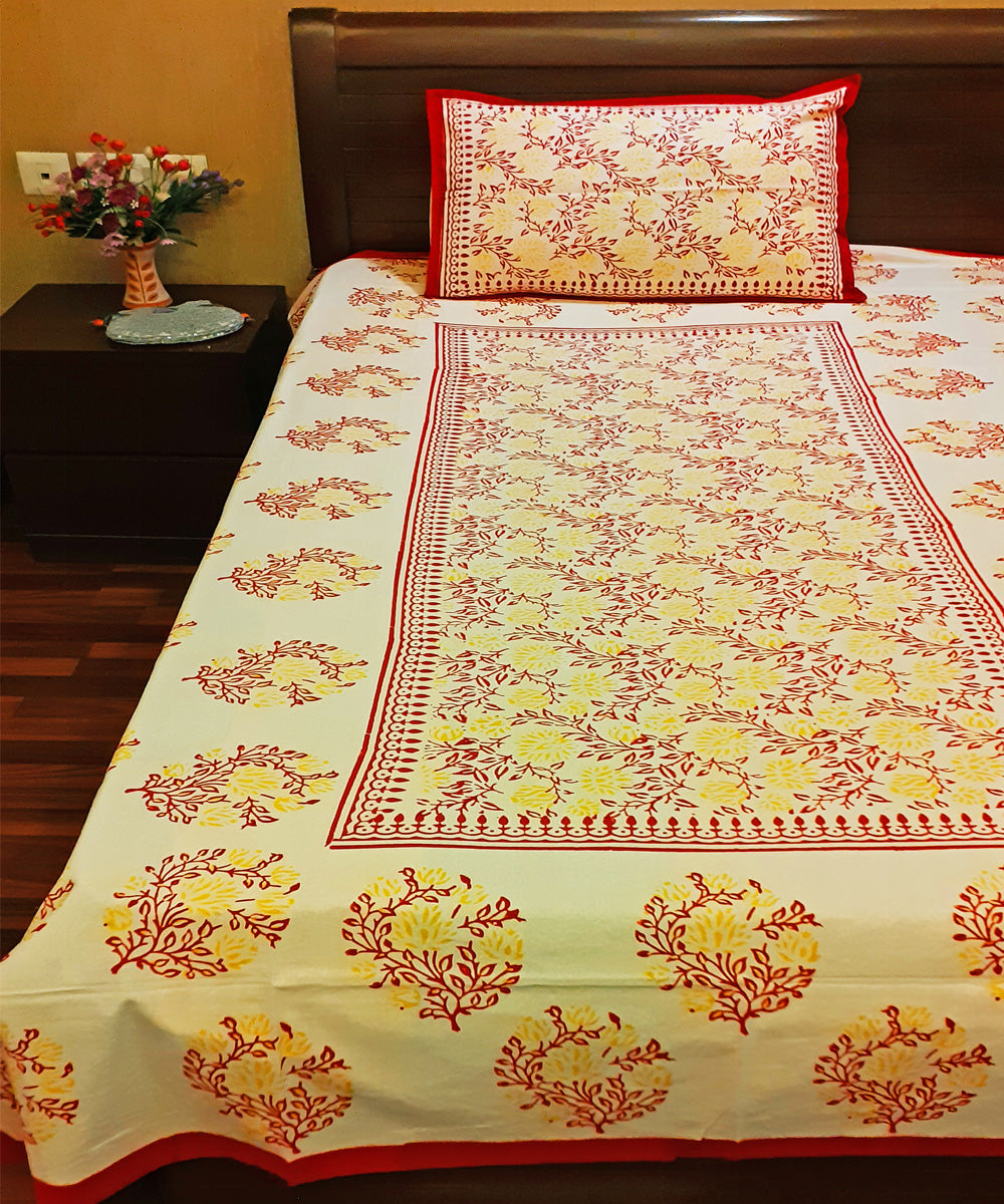 Floral motif handblock print cotton single bed sheet with pillow cover