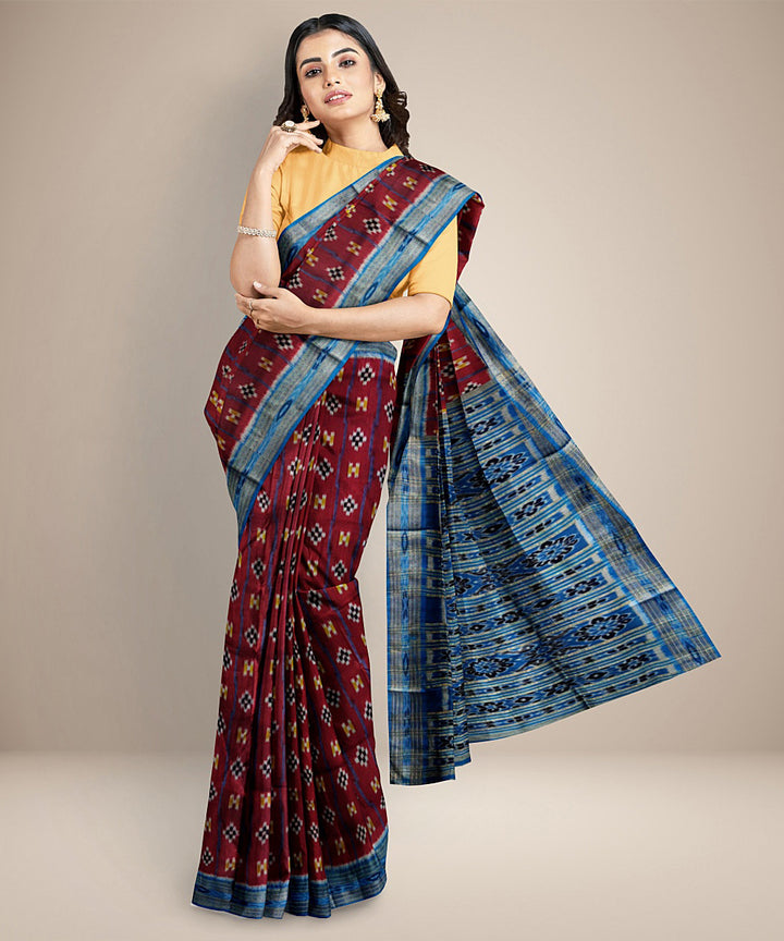 Maroon and blue silk handwoven khandua saree