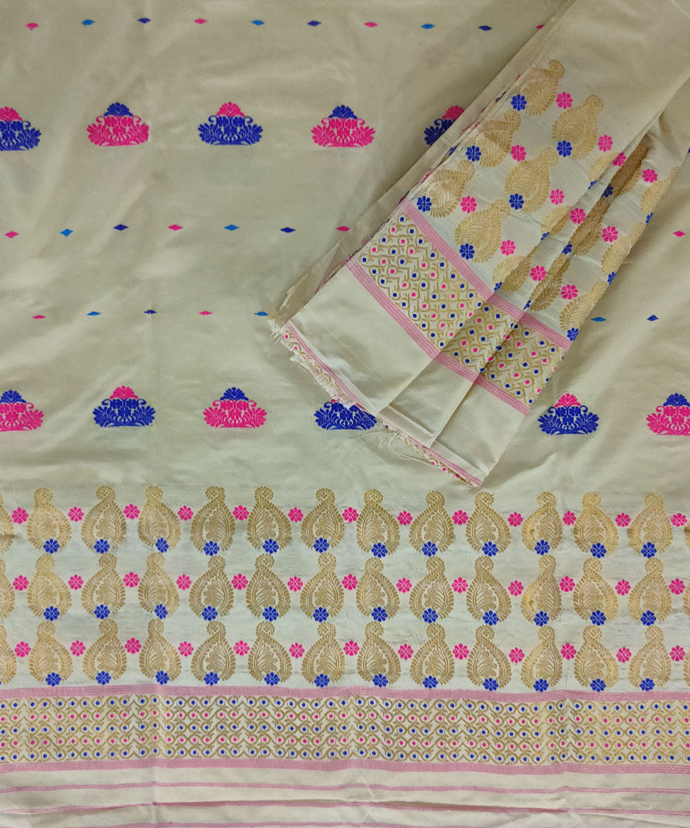 Beige multicolor tussar silk handloom assam mekhela chador
