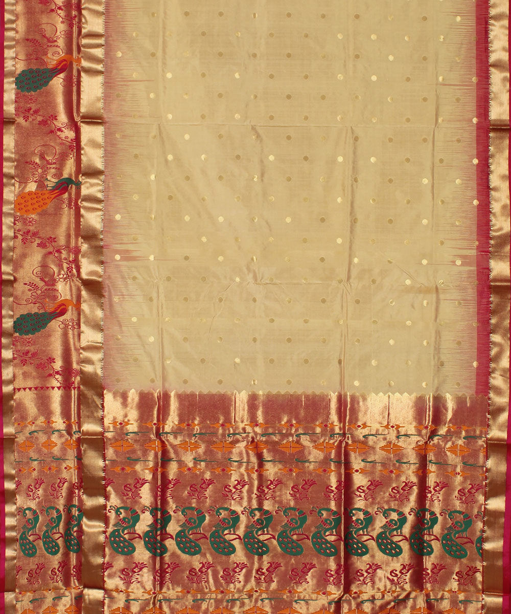 Cream pink handloom Karnataka brocade silk saree