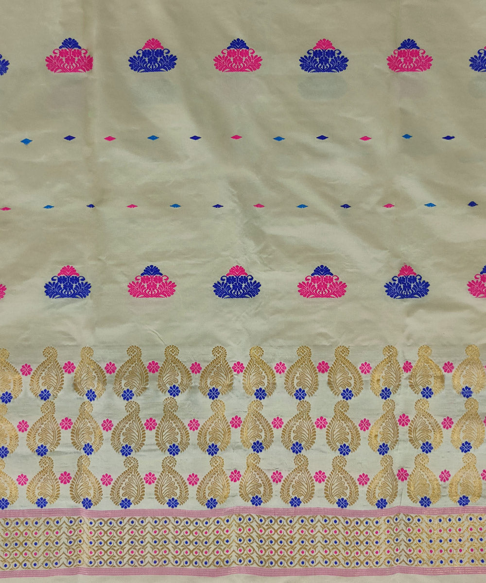 Beige multicolor tussar silk handloom assam mekhela chador