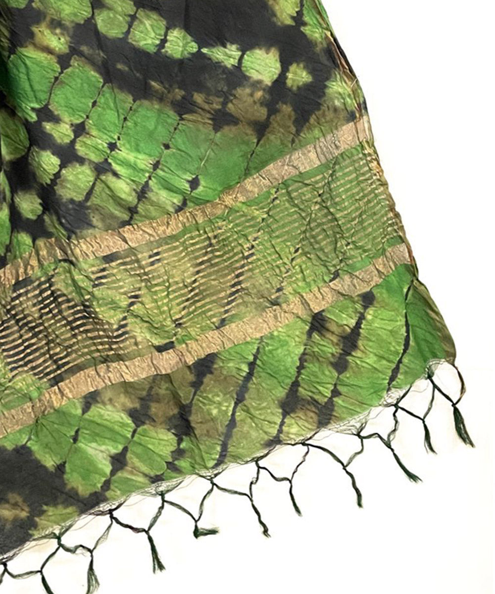 Light green black handwoven tie dye tussar silk stole