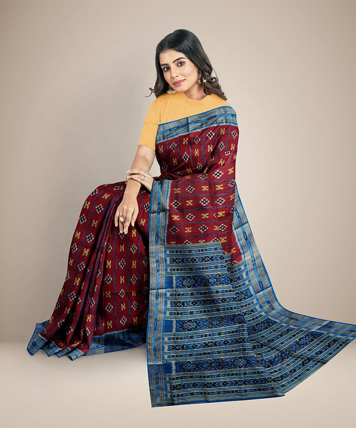 Maroon and blue silk handwoven khandua saree