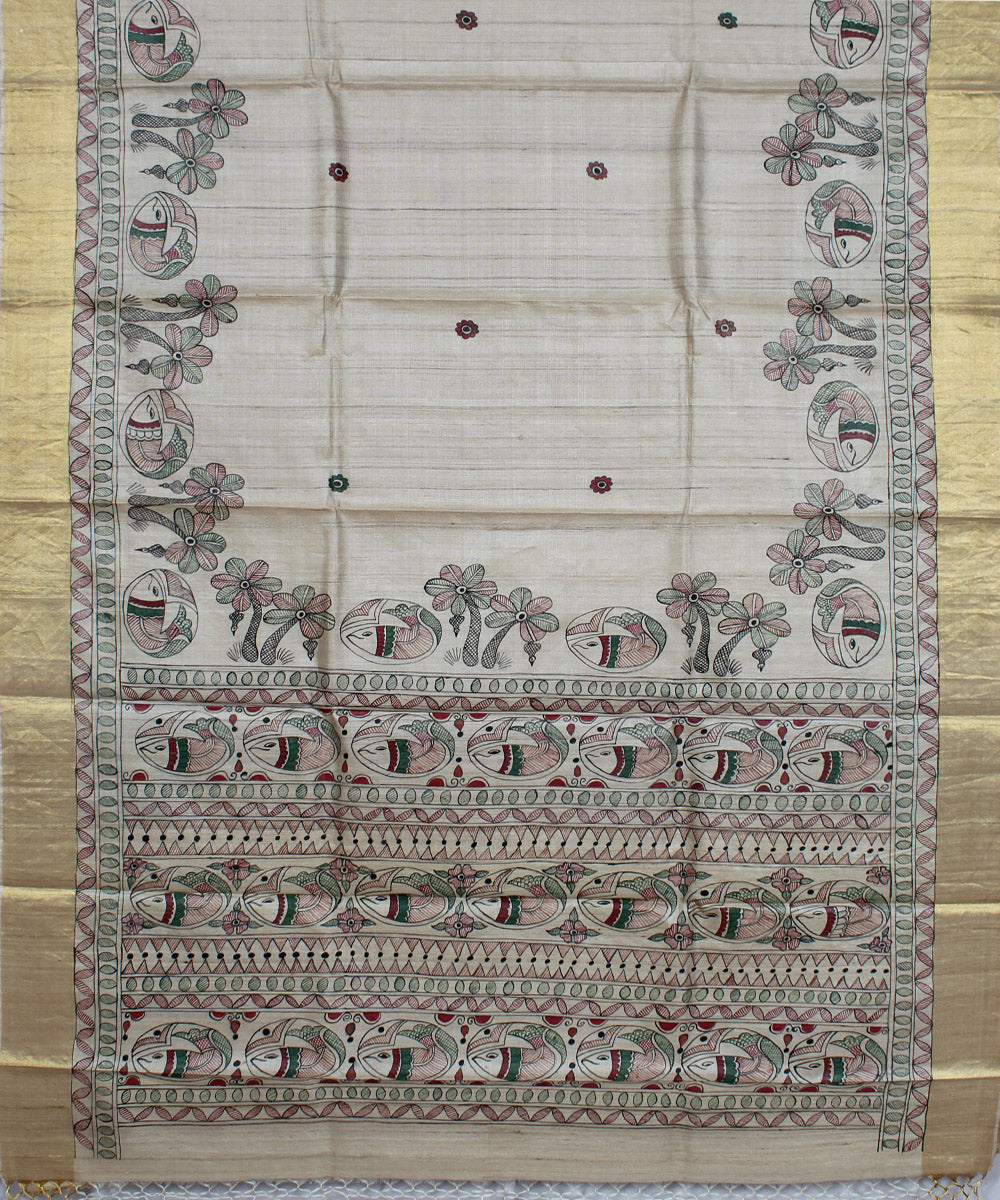 Beige multicolour hand painted madhubani kosa tussar silk saree