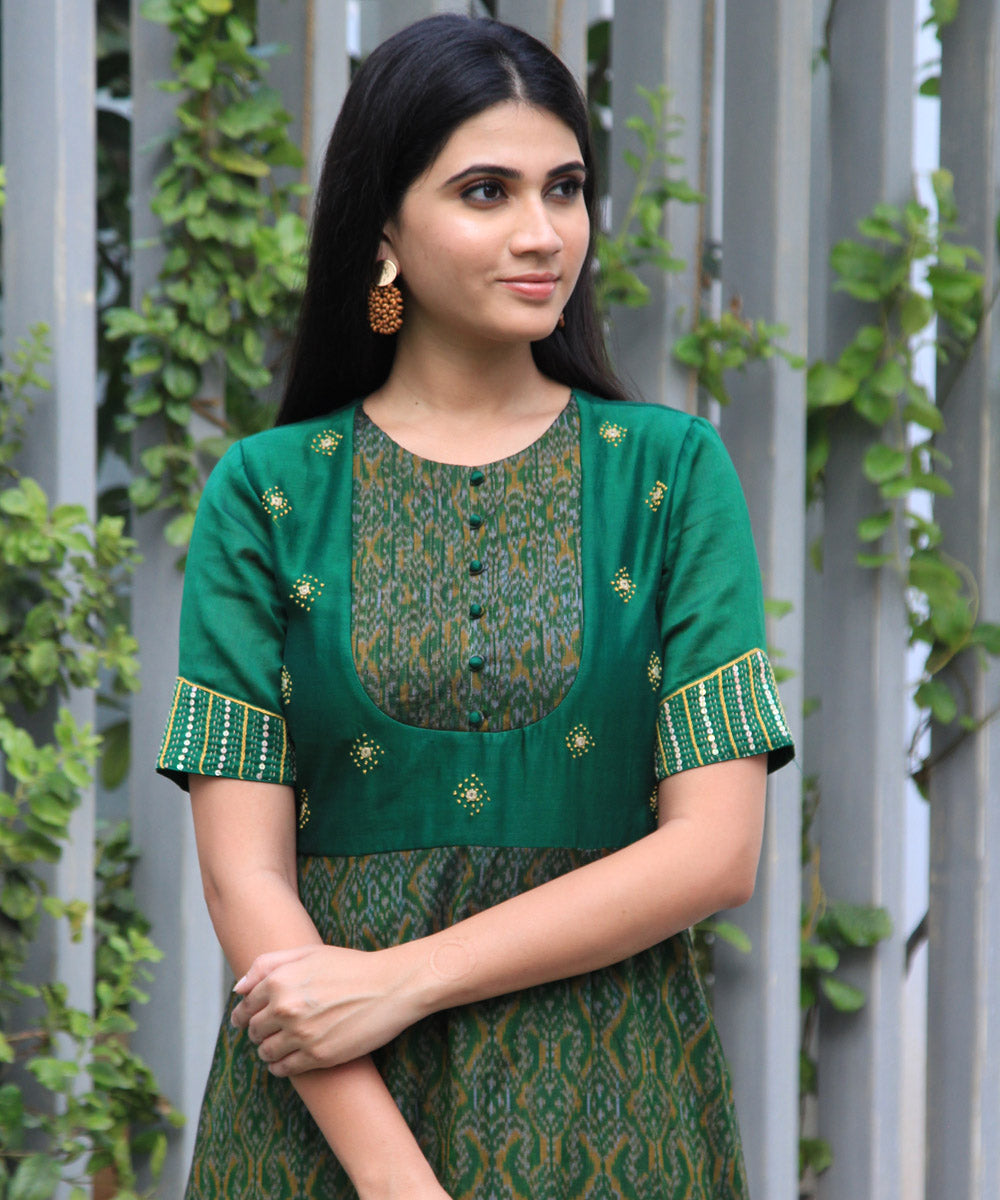 Green chanderi handwoven ikat hand embroidery gown