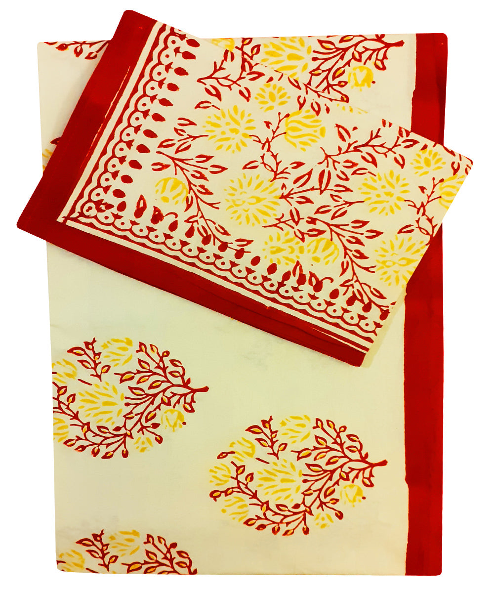 Floral motif handblock print cotton single bed sheet with pillow cover