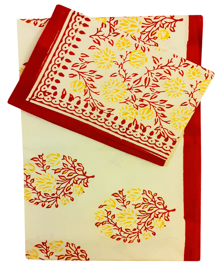 Floral motif handblock print cotton single bed sheet with pillow cover