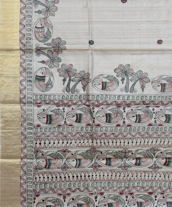 Beige multicolour hand painted madhubani kosa tussar silk saree