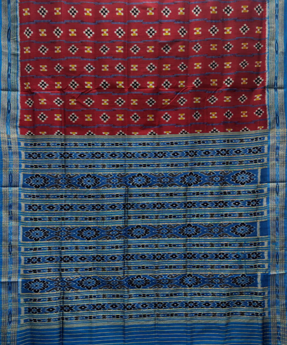 Maroon and blue silk handwoven khandua saree