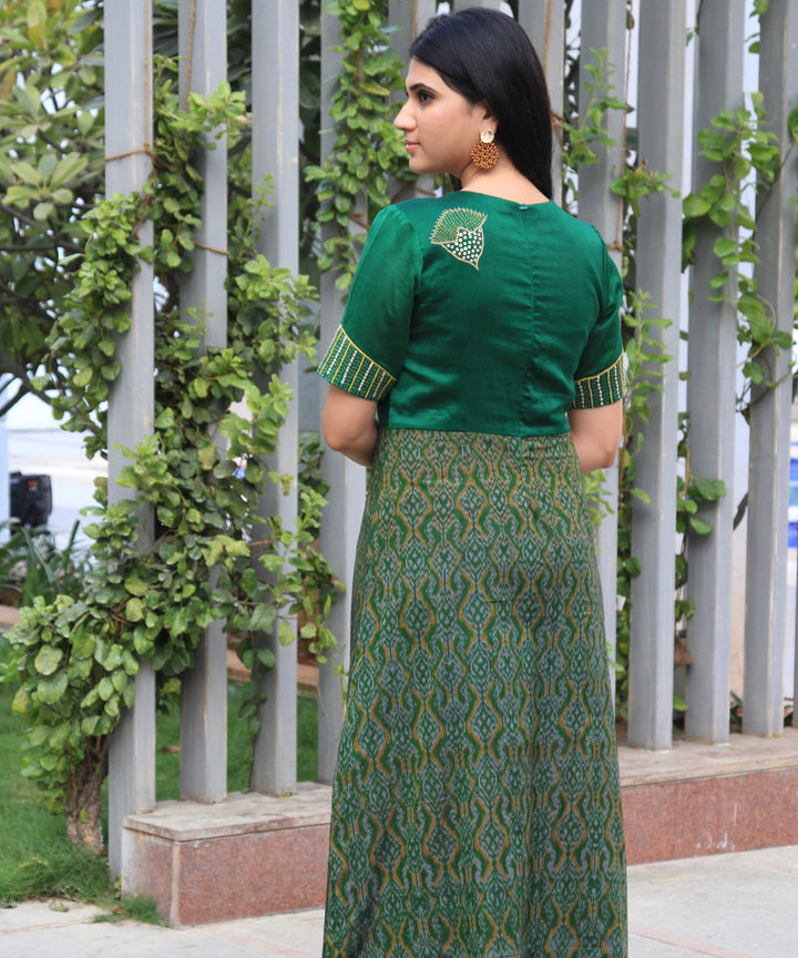 Green chanderi handwoven ikat hand embroidery gown