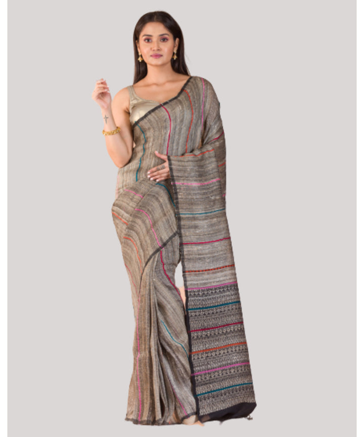 Beige ghicha handwoven bengal cotton saree