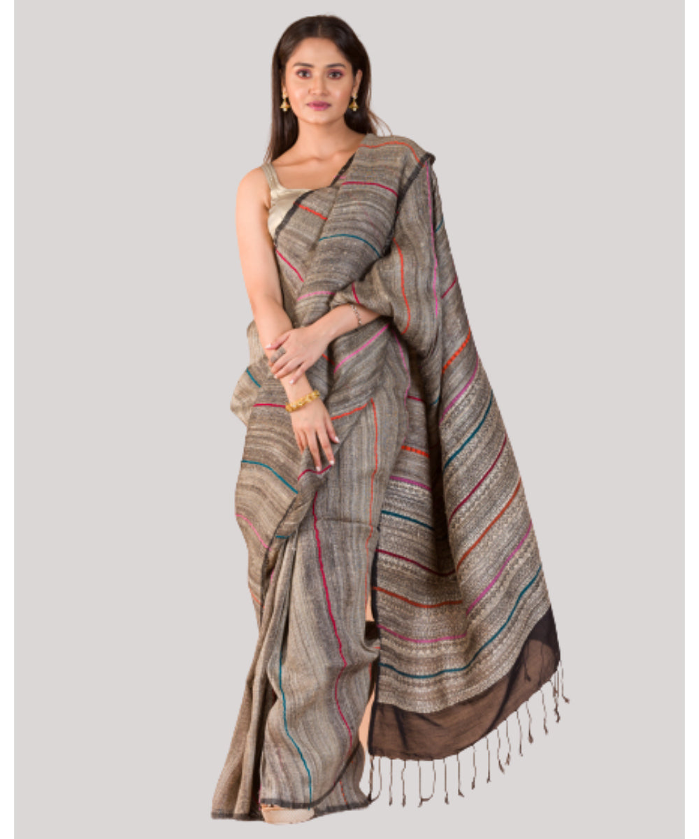 Beige ghicha handwoven bengal cotton saree
