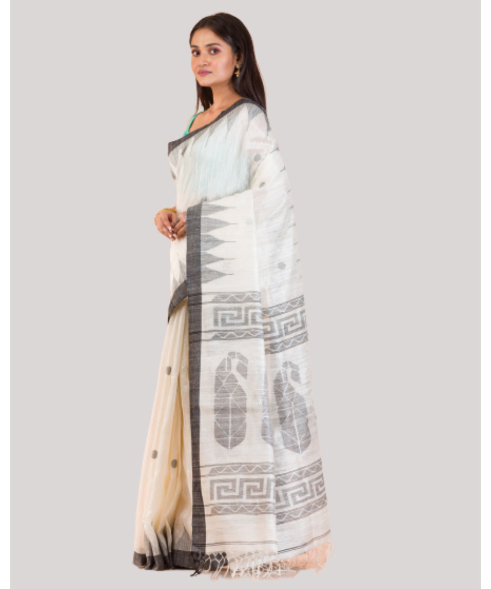 Off white black handwoven bengal matka silk jamdani saree