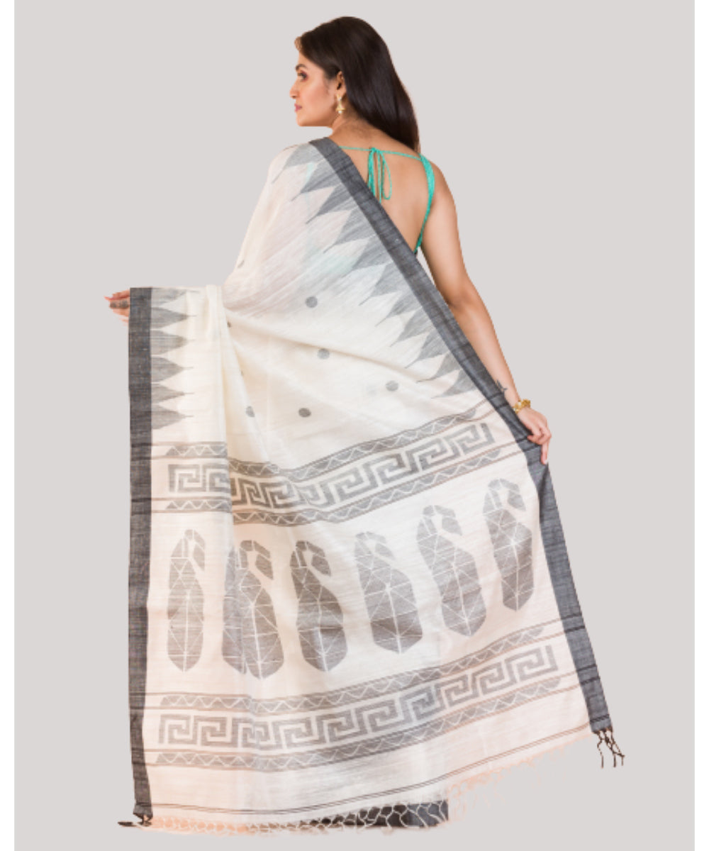 Off white black handwoven bengal matka silk jamdani saree