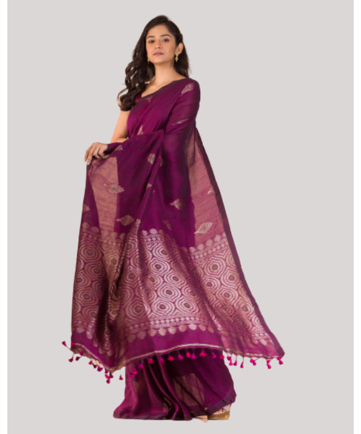 Purple plum handwoven bengal cotton and linen saree