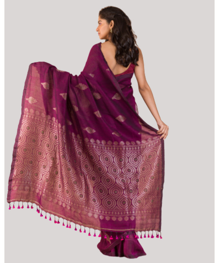 Purple plum handwoven bengal cotton and linen saree