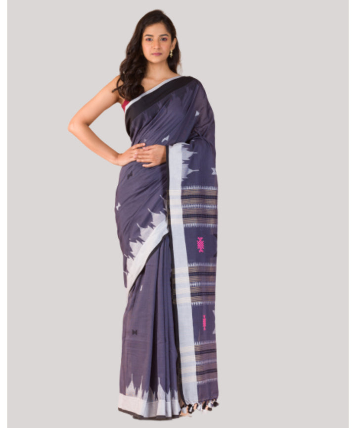 Dark grey blue handwoven bengal cotton saree