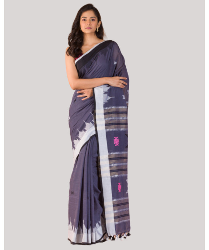 Dark grey blue handwoven bengal cotton saree