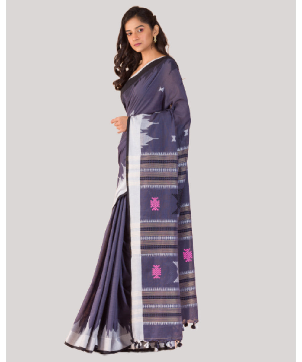 Dark grey blue handwoven bengal cotton saree