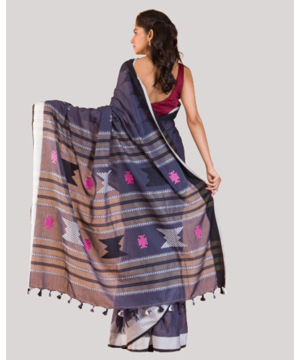 Dark grey blue handwoven bengal cotton saree