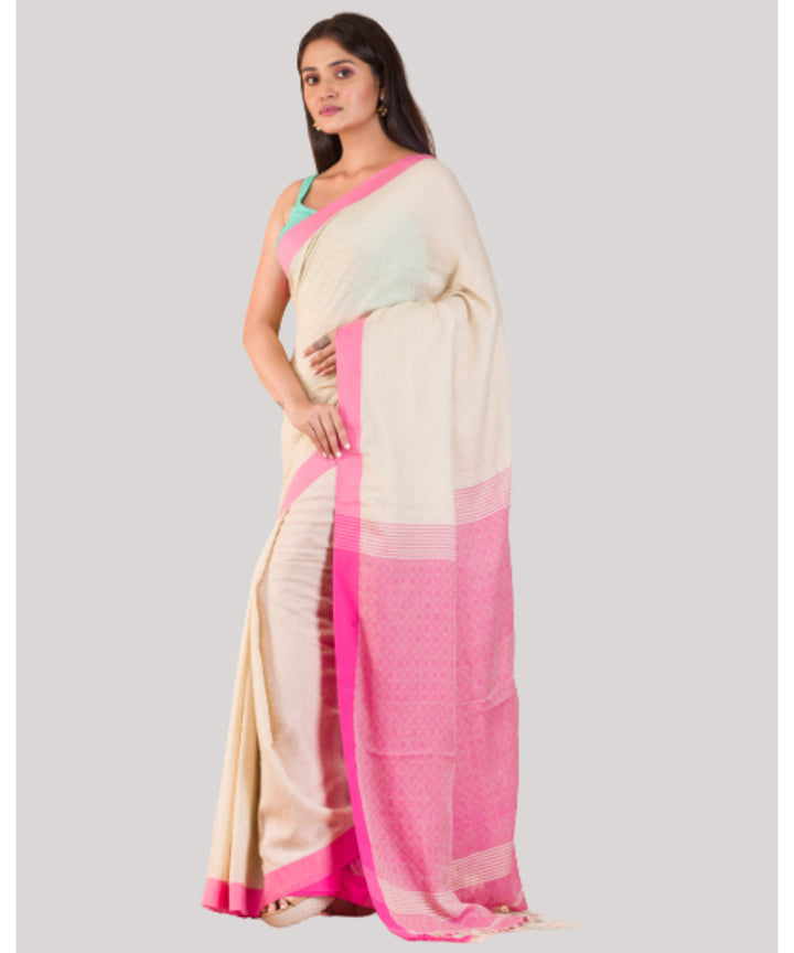 Cream pink handwoven bengal cotton saree