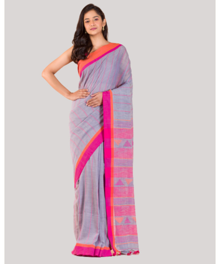 Grey and pink handwoven bengal cotton saree