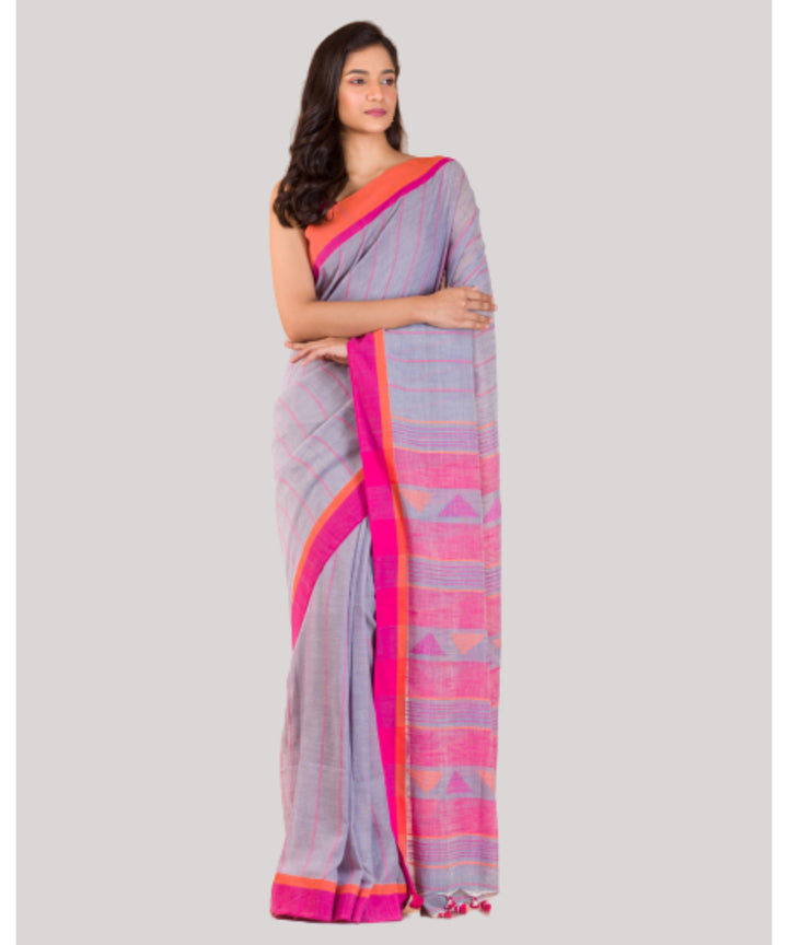 Grey and pink handwoven bengal cotton saree