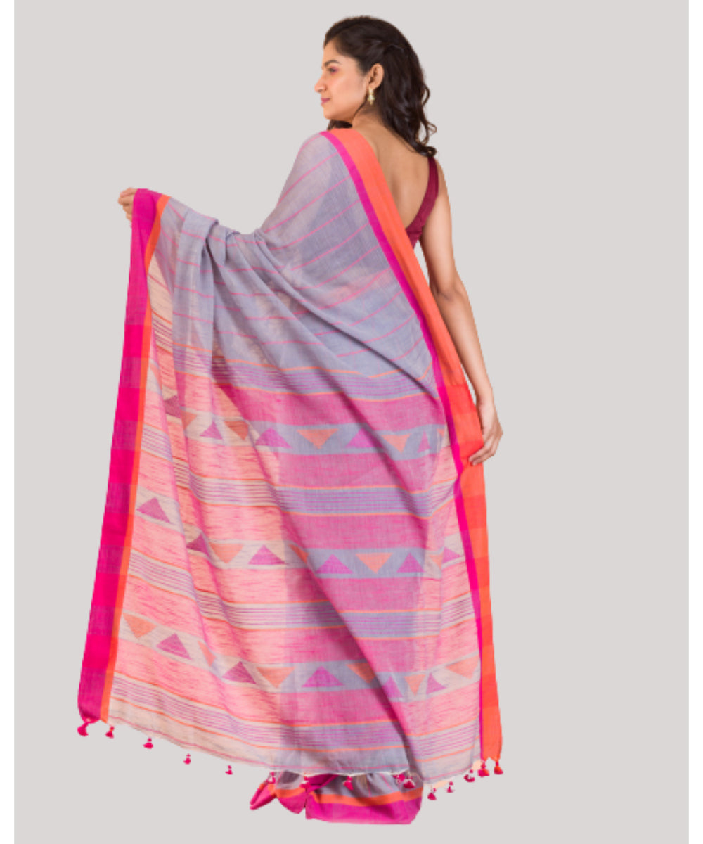 Grey and pink handwoven bengal cotton saree