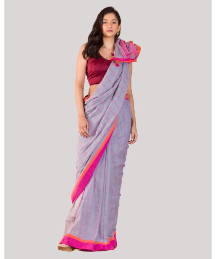 Grey and pink handwoven bengal cotton saree